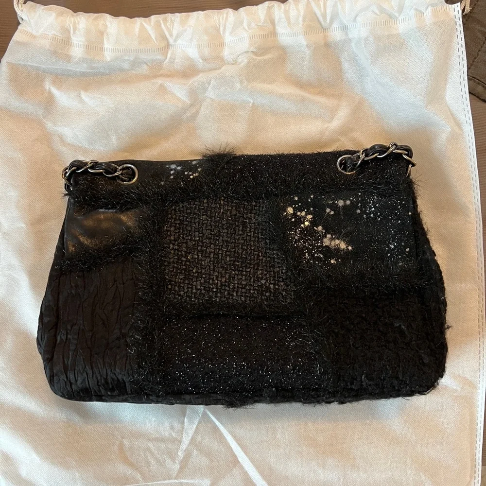 Chanel Vintage Black Patchwork Tweed Leather Classic Flap Shoulder Bag - Picture 3 of 10